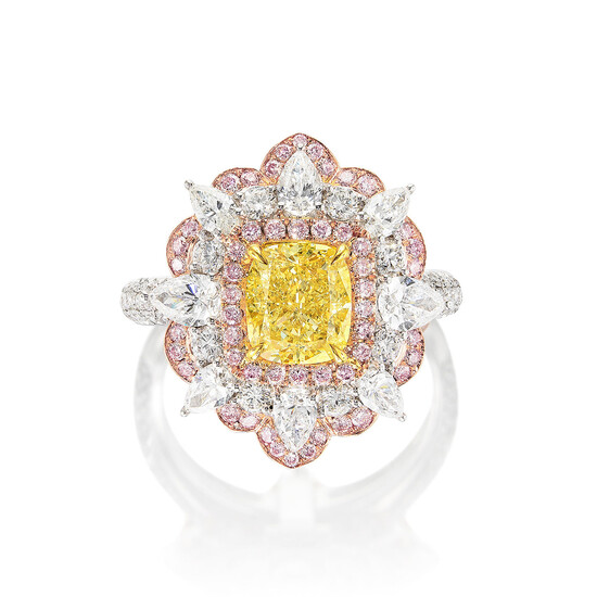 A Fancy Intense Yellow Diamond, Pink Diamond and Diamond Ring