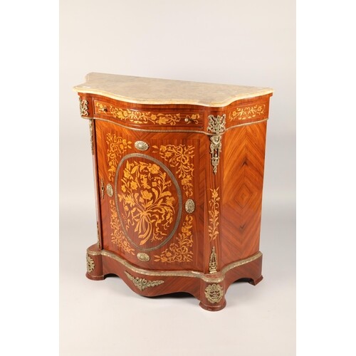 A French style serpentine front inlaid cabinet with marble t...