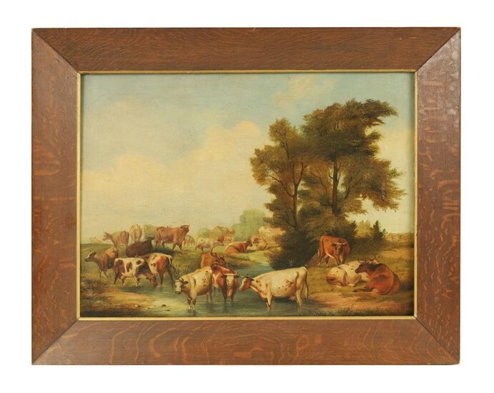 A GEORGIAN OIL ON CANVAS depicting cattle watering