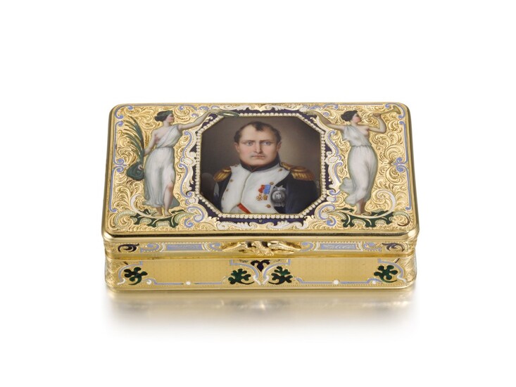 A GOLD AND ENAMEL COMMEMORATIVE SNUFF BOX WITH PORTRAIT OF NAPOLEON, PROBABLY GENEVA, MID 19TH CENTURY