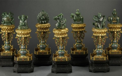 A GROUP OF SEVEN CLOISONNE ENAMEL WITH JADE DECORATIONS