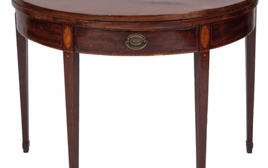 A George III mahogany demi-lune tea table, circa 1800; the h...
