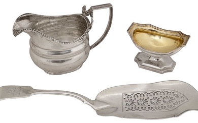 A George III silver provincial cream jug, a pedestal salt and a fiddle pattern fish slice
