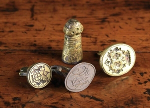 A Group of Four Antique Seals including a rare Masonic seal, possibly 18th century, a Tibetan gilt bronze seal, a seal with heraldic crest, and a seal initialed WH.