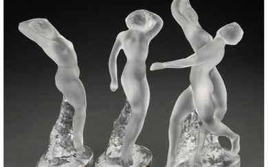 A Group of Three Lalique Clear and Frosted Glass Figures (post-1945)