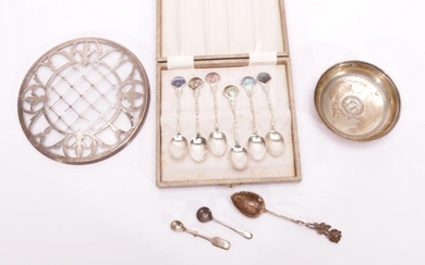 A Group of sterling silver items incl 800 dish, bound trivet and various teaspoons incl Paua tipped teaspoons
