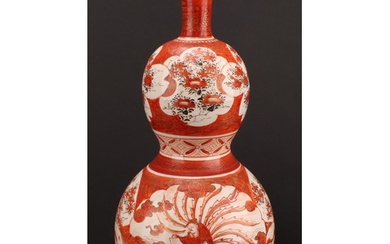 A Japanese Kutani double gourd vase, painted in the typical ...