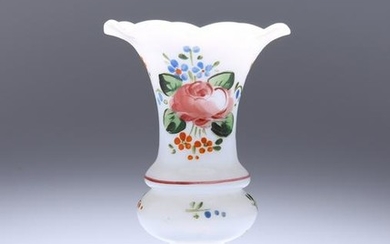 A LATE 19th CENTURY ENAMEL PAINTED MILCH GLASS VASE, of