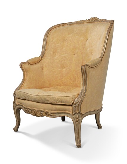 A LOUIS XV-STYLE GREY-PAINTED AND PARCEL-GILT BERGERE
