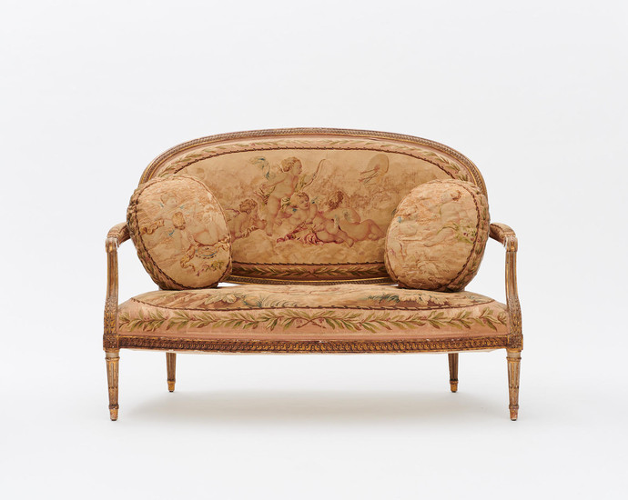 A LOUIS XVI STYLE GILTWOOD AND AUBUSSON TAPESTRY SETTEE