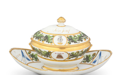 A London-decorated Paris tureen and cover on a fixed stand,...