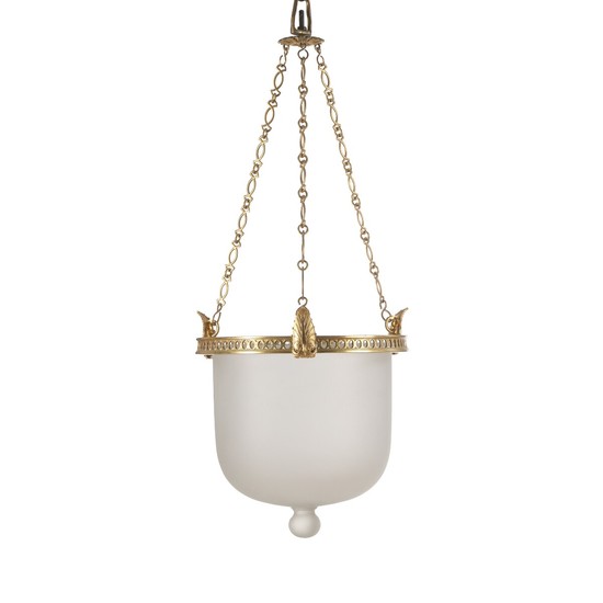 A Louis XVI style frosted glass hanging lamp with gilt-bronze mounting. Early 20th century. H. 70 cm. Diam. 28 cm.