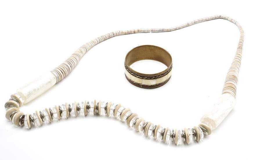 A MOTHER OF PEARL AND BRASS BANGLE ALONG WITH A WOOD AND RESIN NECKLACE