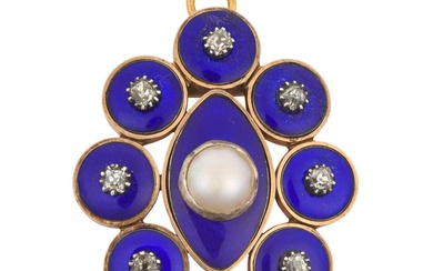 A Mid-Victorian Enamel, Split Pearl and Diamond Brooch/Pendant the blue...