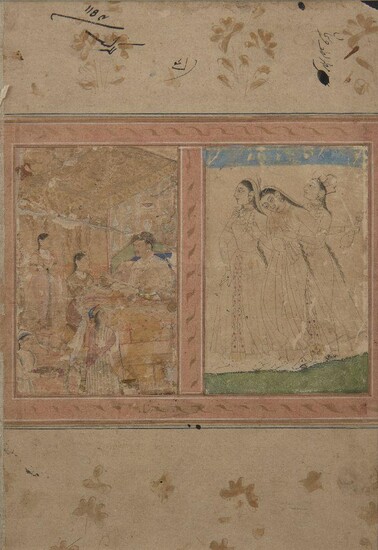 A Mughal album page, the calligraphy signed Zaman Kani, India, early 17th century and later, ink and gouache heightened with gold on paper, recto Persian manuscript on paper with a central nasta'liq quatrain in praise of the Imam 'Ali signed...