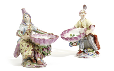 A NEAR PAIR OF BOW PORCELAIN FIGURAL SWEETMEAT FIGURES