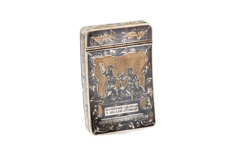 A Nicholas I Russian 84 Zolotnik (875 standard) parcel-gilt silver and niello snuff box, Moscow 1827 by Osip Balanov