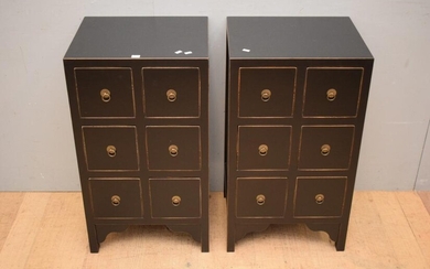 A PAIR OF CHINESE BLACK SIX DRAWER BEDSIDES (80H x 45W x 38D CM) (LEONARD JOEL DELIVERY SIZE: LARGE)