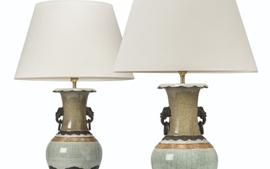 A PAIR OF CHINESE CELADON GLAZED VASES MOUNTED AS LAMPS