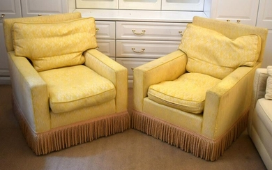 A PAIR OF DEEP COUNTRY HOUSE STYLE YELLOW ARM CHAIRS