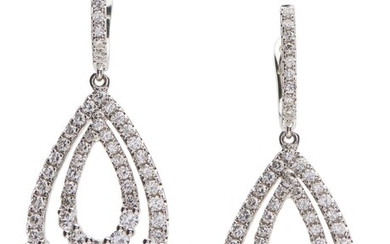 A PAIR OF DIAMOND DROP EARRINGS IN 18CT WHITE GOLD, FEATURING AN OPENWORK PEAR SHAPE DROP SET WITH ROUND BRILLIANT CUT DIAMONDS TOTA...