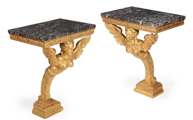 A PAIR OF GILTWOOD CONSOLE TABLES, SECOND QUARTER 18TH CENTURY AND LATER