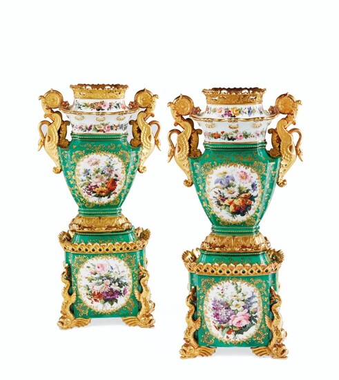 A PAIR OF JACOB PETIT PORCELAIN GREEN-GROUND VASES ON STANDS, MID-19TH CENTURY, BLUE J.P. MARK TO ONE