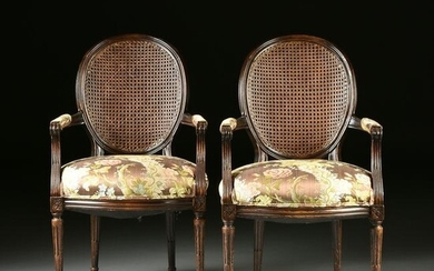 A PAIR OF LOUIS XVI STYLE CANE BACK AND UPHOLSTERED