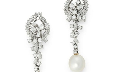 A PAIR OF PEARL AND DIAMOND EARRINGS in 18ct white