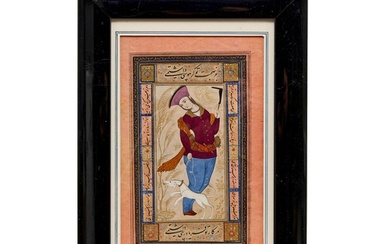 A PERSIAN MINIATURE OF A YOUTH WITH A DOG, SIGNED MU'IN MUSA...