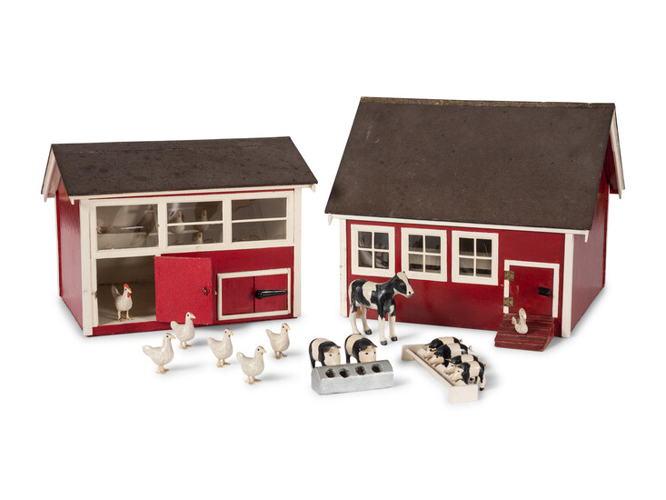 A Painted Wood Toy Barn and Chicken House
