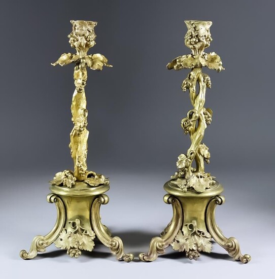 A Pair of Continental Gilt Bronze Candlesticks, 19th Century,...
