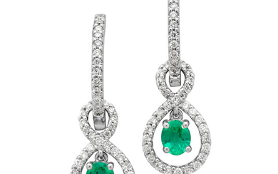 A Pair of Emerald, Diamond and White Gold Convertible Ear Pendants