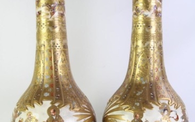 A Pair of Large Satsuma Vases featuring butterflies and immortals, with unusual drip glazed effect midsection, on Stands (H 56cm)