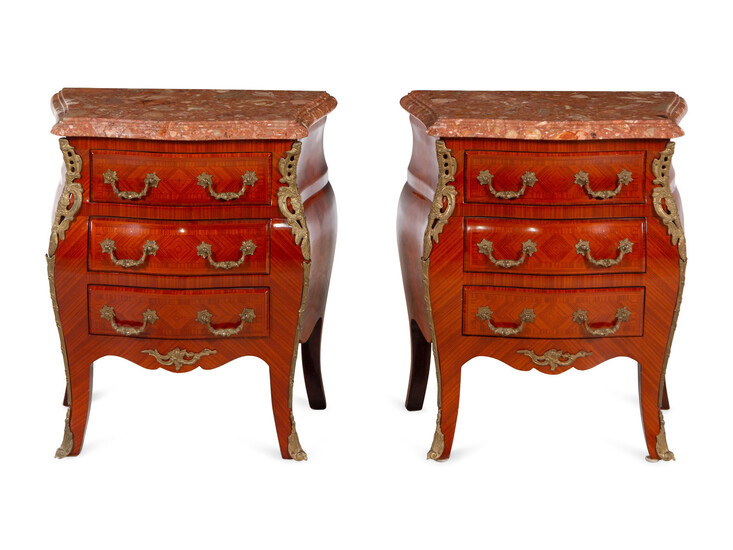 A Pair of Louis XV Style Gilt Metal Mounted Marble-Top Small Commodes