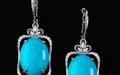 A Pair of Turquoise and Diamond Pendant Earrings