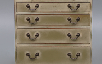 A REPRODUCTION GEORGE III STYLE GREEN PAINTED AND DECORATED CHEST OF DRAWERS, BY ARTHUR BRETT & SONS, NORWICH.