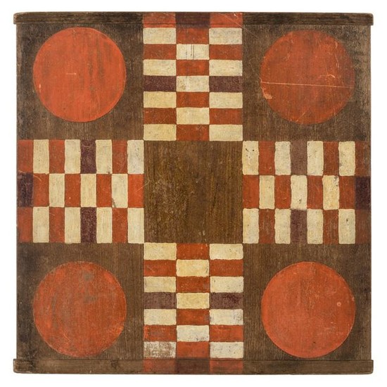 A Red and White Painted Walnut Parcheesi Board