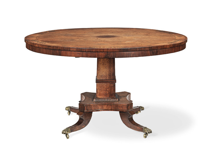 A Regency rosewood and brass inlaid breakfast table