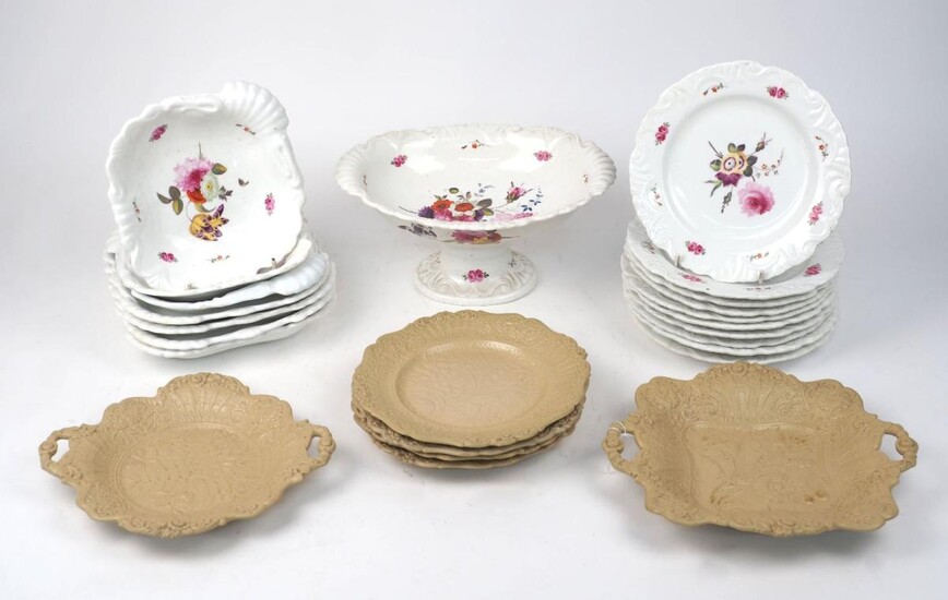 A Ridgway eighteen piece dessert service with floral design, comprising: a tazza, 14cm high, 29.5cm wide, ten plates, four large dishes and three smaller dishes, painted mark '663' to base, together with; a set of four Ridway stoneware plates...