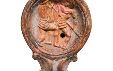 A Roman oil lamp with gladiators, 1st - 2nd century