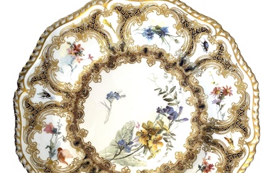 A Royal Worcester Porcelain Cabinet Plate, Hand Painted Floral Vignettes with Gilt Rim, Circa 1899
