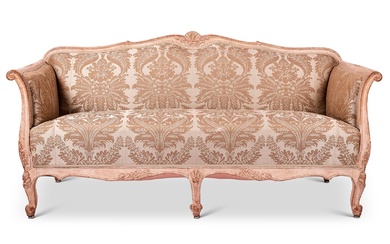 A SWEDISH CARVED, CREAM PAINTED AND DAMASK UPHOLSTERED SOFA, CIRCA 1880