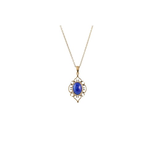 A LAPIS LAZULI SET PENDANT, mounted in gold, on a gold chain