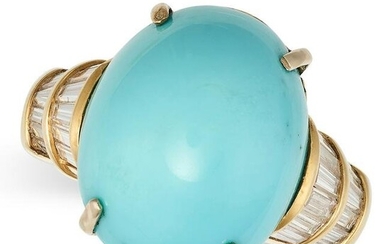 A TURQUOISE AND DIAMOND DRESS RING in 18ct yellow gold, set with an oval cabochon turquoise, the