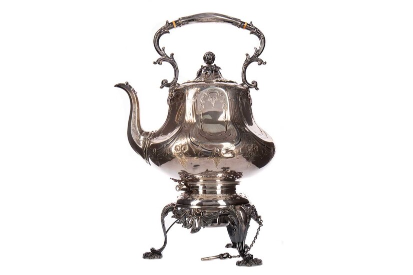 A VICTORIAN SILVER PLATED TEA KETTLE ON STAND