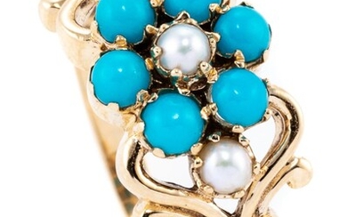 A VICTORIAN STYLE FORGET ME NOT GEMSET RING; set with seed pearls and turquoise beads in 9ct gold, size O.