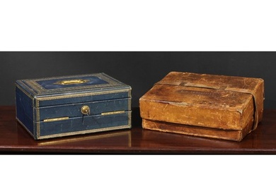 A Victorian tooled and gilt blue Morocco leather writing box...