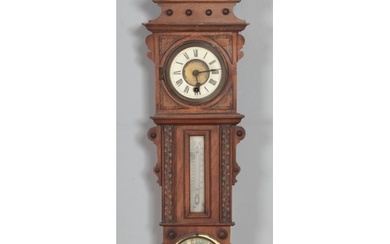 A Victorian walnut cased wall clock, thermometer and baromet...