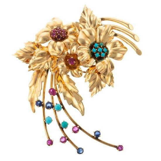 A Vintage Ruby, Sapphire & Turquoise Brooch in 14K